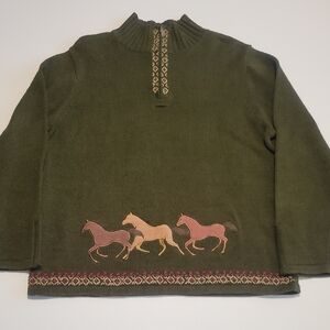 Equestrian Olive Green  Mock Neck Quarter Zip Sweater Embroidered Horse Motif
